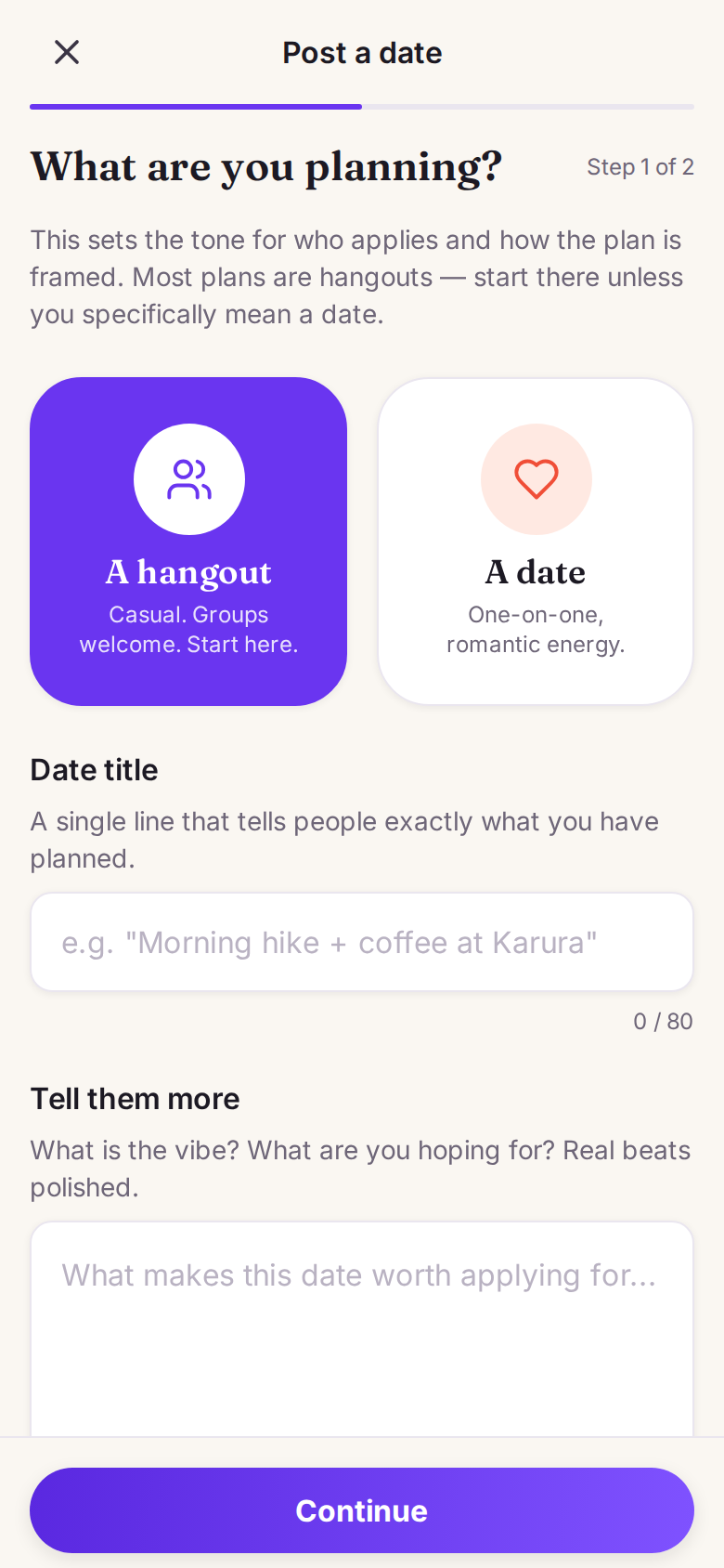 Posting a plan: choosing between a hangout and a date, with a title and category.
